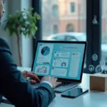 Владелец малого бизнеса за ноутбуком с AI‑панелью маркетинга, чат‑бот и графики на экране, смартфон с сообщением, упаковки товаров на столе