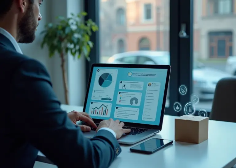 Владелец малого бизнеса за ноутбуком с AI‑панелью маркетинга, чат‑бот и графики на экране, смартфон с сообщением, упаковки товаров на столе