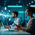 Контакт‑центр и пользователь, взаимодействующие с голосовым AI‑ассистентом: смартфон с аудиоволной и интерфейсом покупки, оператор за ноутбуком, иконки технологий ASR и LLM на фоне