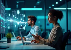 Контакт‑центр и пользователь, взаимодействующие с голосовым AI‑ассистентом: смартфон с аудиоволной и интерфейсом покупки, оператор за ноутбуком, иконки технологий ASR и LLM на фоне