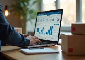 Владелец малого интернет‑магазина у ноутбука с панелью AI‑аналитики, рядом посылки и карточки товаров