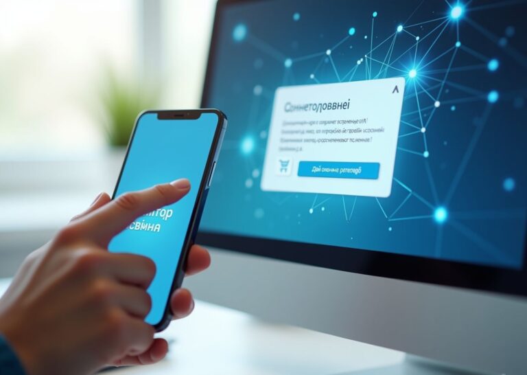 На экране компьютера и смартфона показывается ненавязчивое AI‑pop‑up предложение на русском языке, пользователь улыбается, вокруг тонкая графика нейросети и иконки корзины и аналитики