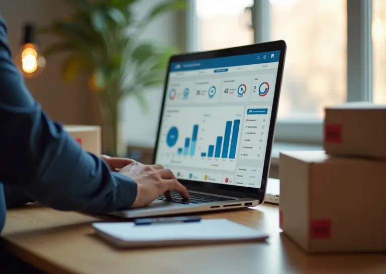 Владелец малого интернет‑магазина у ноутбука с панелью AI‑аналитики, рядом посылки и карточки товаров